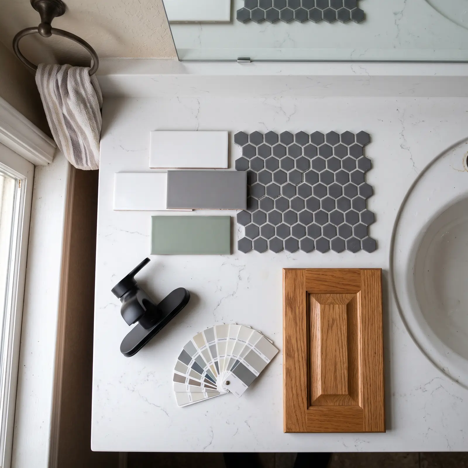 Bathroom tile and fixture samples laid out on a vanity counter