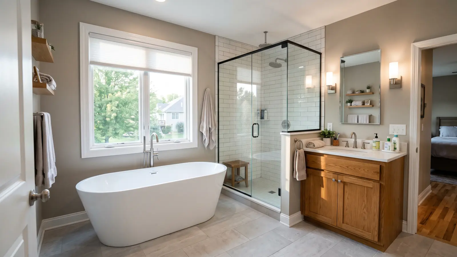 Bright remodeled bathroom with a freestanding tub and tiled shower