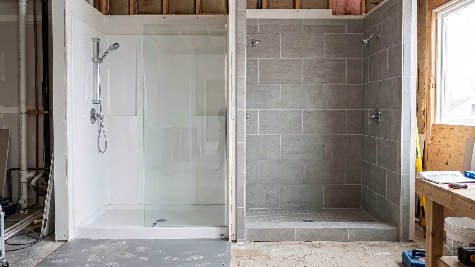 Shower alcove with smooth white acrylic panels next to one finished in gray porcelain tile