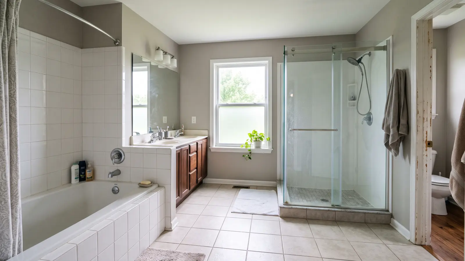 Bathroom with both an alcove bathtub and a separate glass walk-in shower
