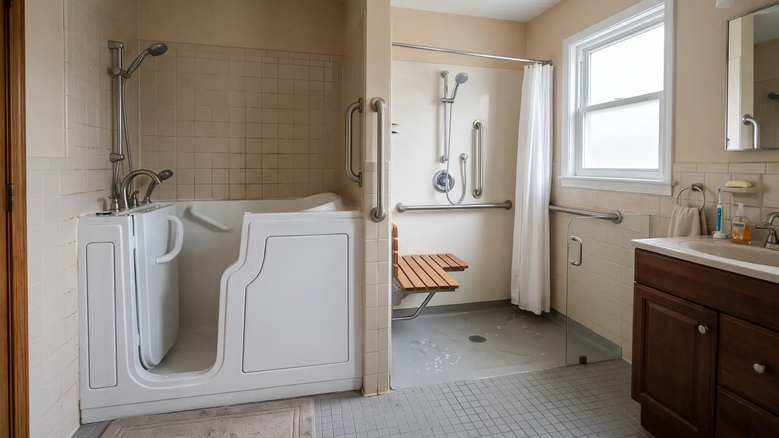 Walk-in tub with a side door near a low-threshold walk-in shower with a seat and grab bar