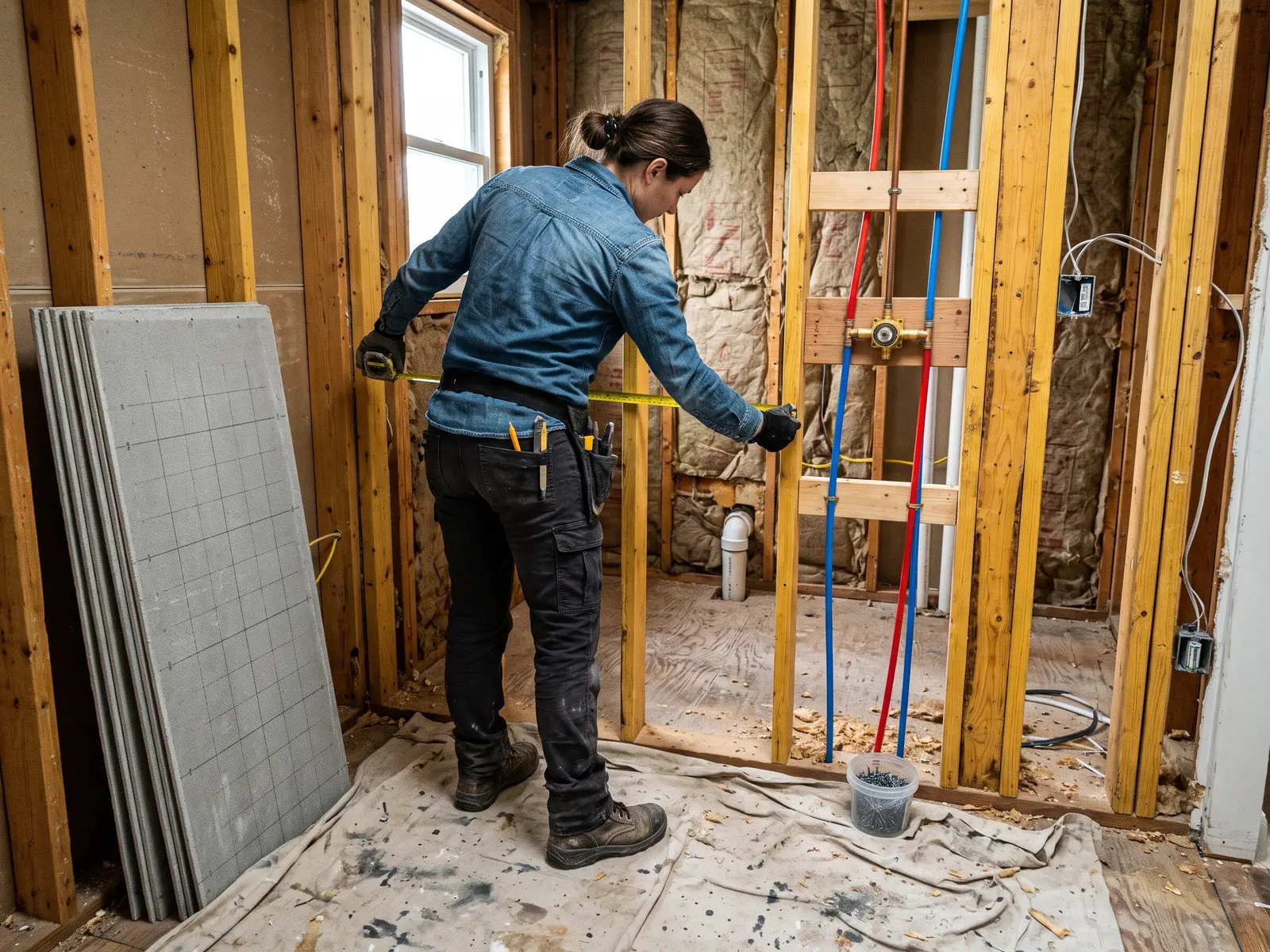 Contractor measuring a bathroom wall in a Fort Wayne home before a remodel
