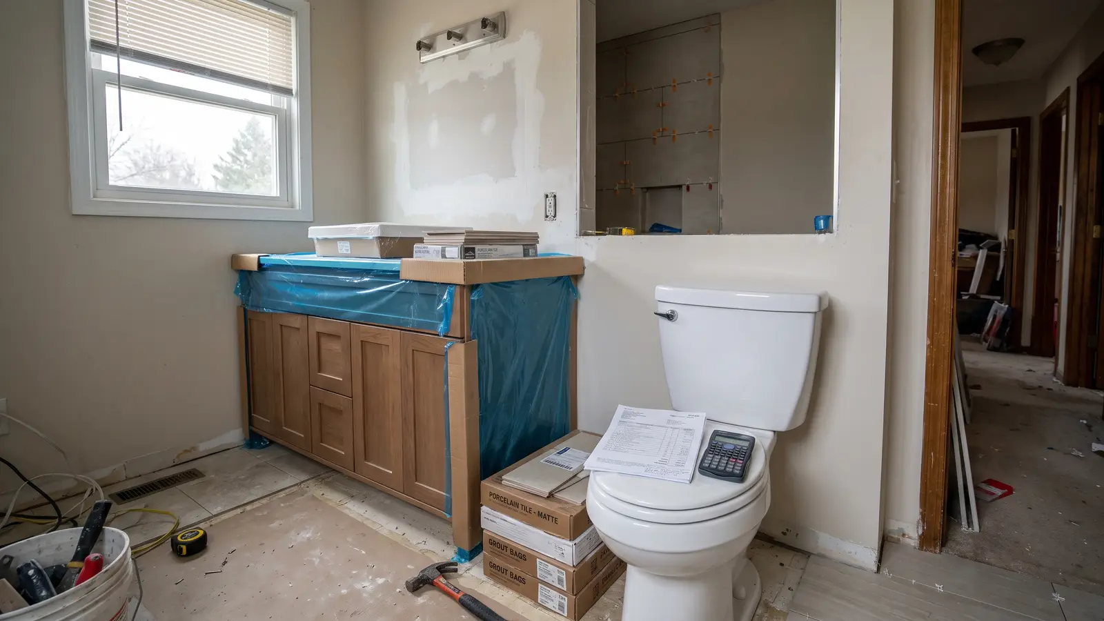 Bathroom mid-renovation with a new vanity, tile boxes and an itemized estimate on the toilet lid