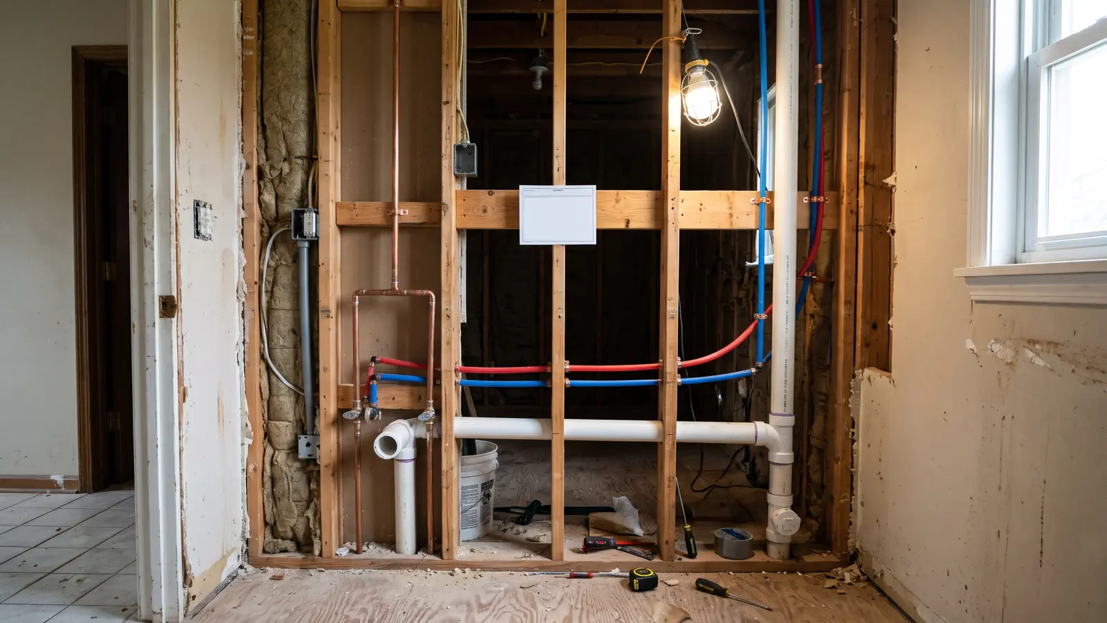 Open bathroom wall with new supply and drain lines ready for a rough-in inspection