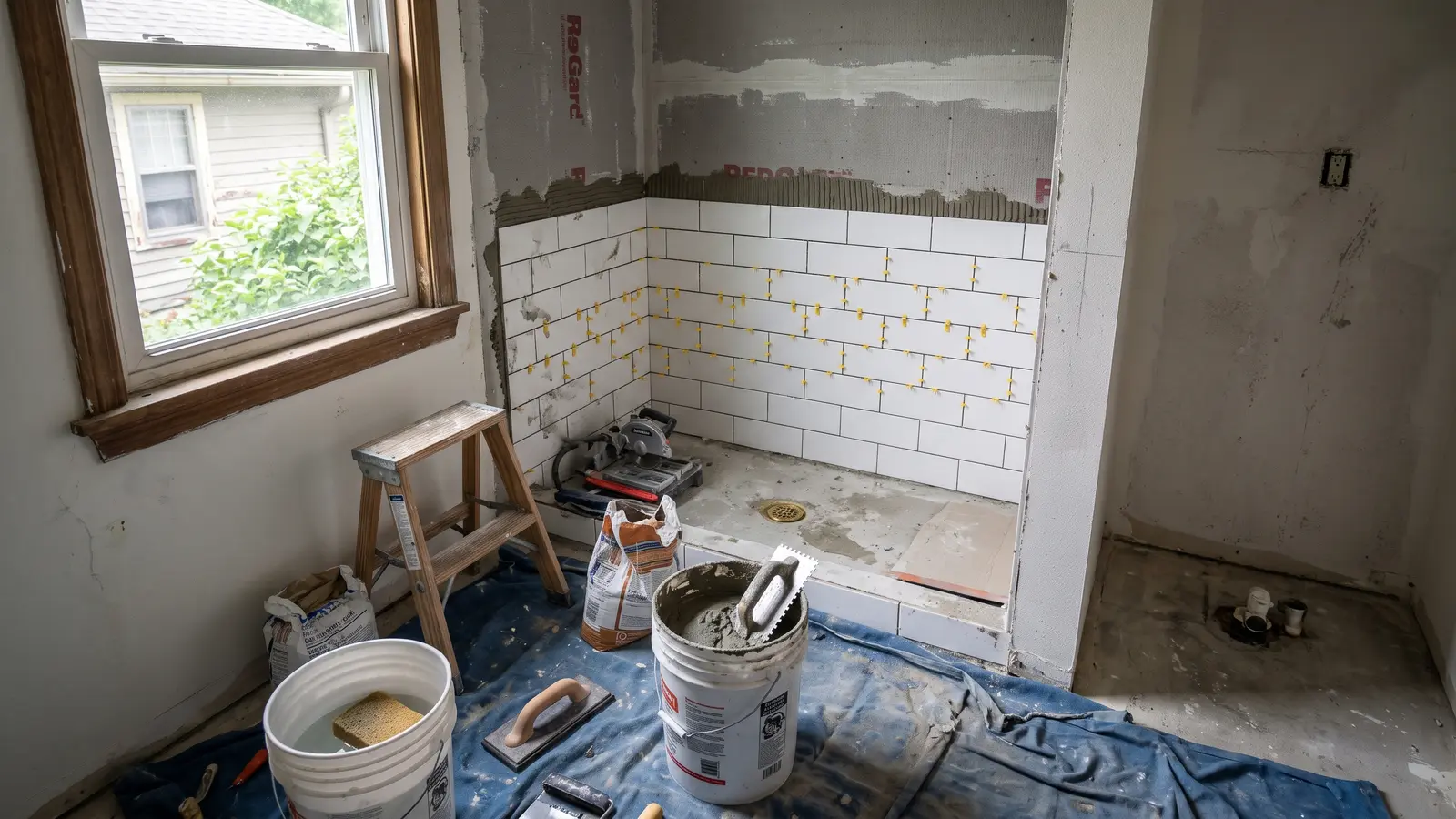 Bathroom in the tiling stage with half-tiled shower walls and tools on a drop cloth