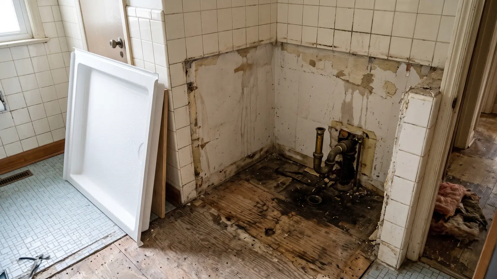 Old bathtub removed from an alcove, exposing the subfloor and drain, with a new shower pan ready to install