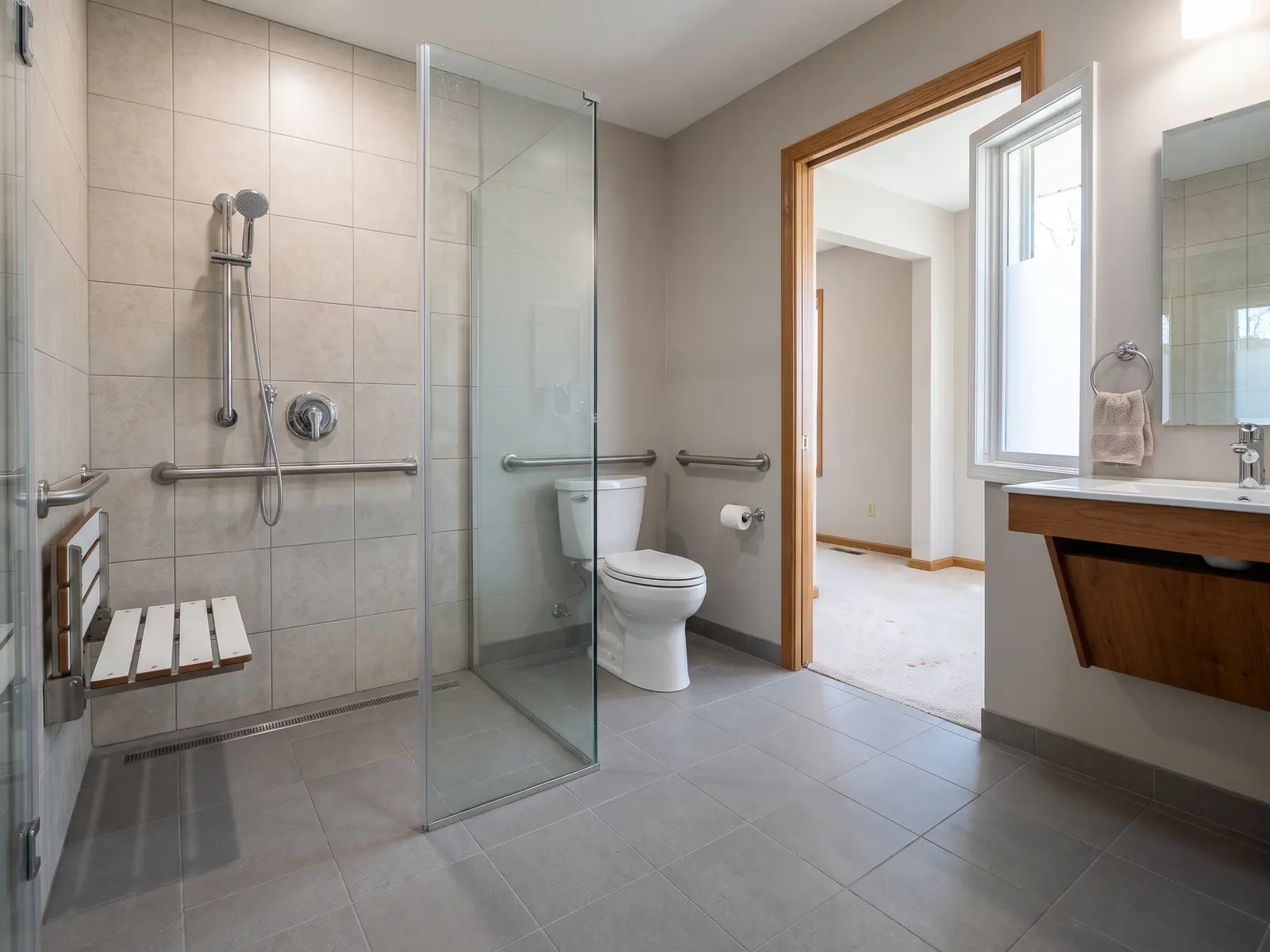 Accessible bathroom with a curbless roll-in shower, fold-down seat, grab bars and comfort-height toilet