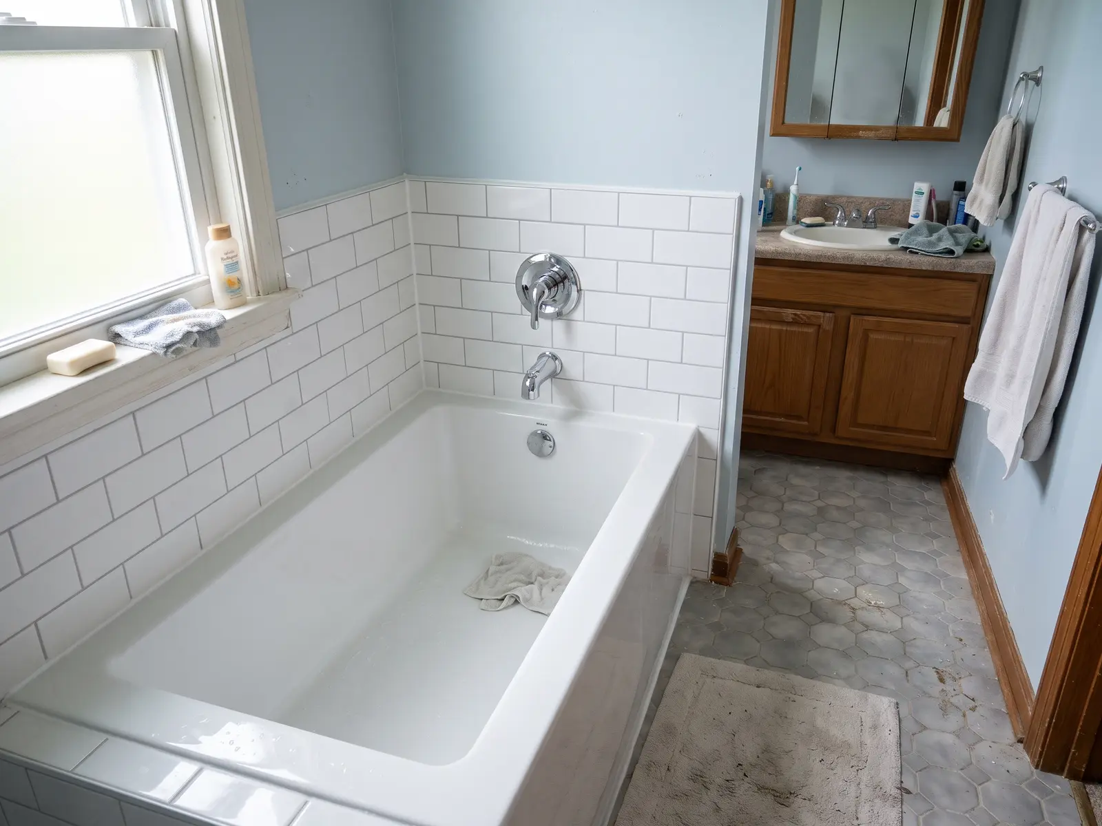 New white alcove bathtub with a fresh subway tile surround in a Fort Wayne family bathroom