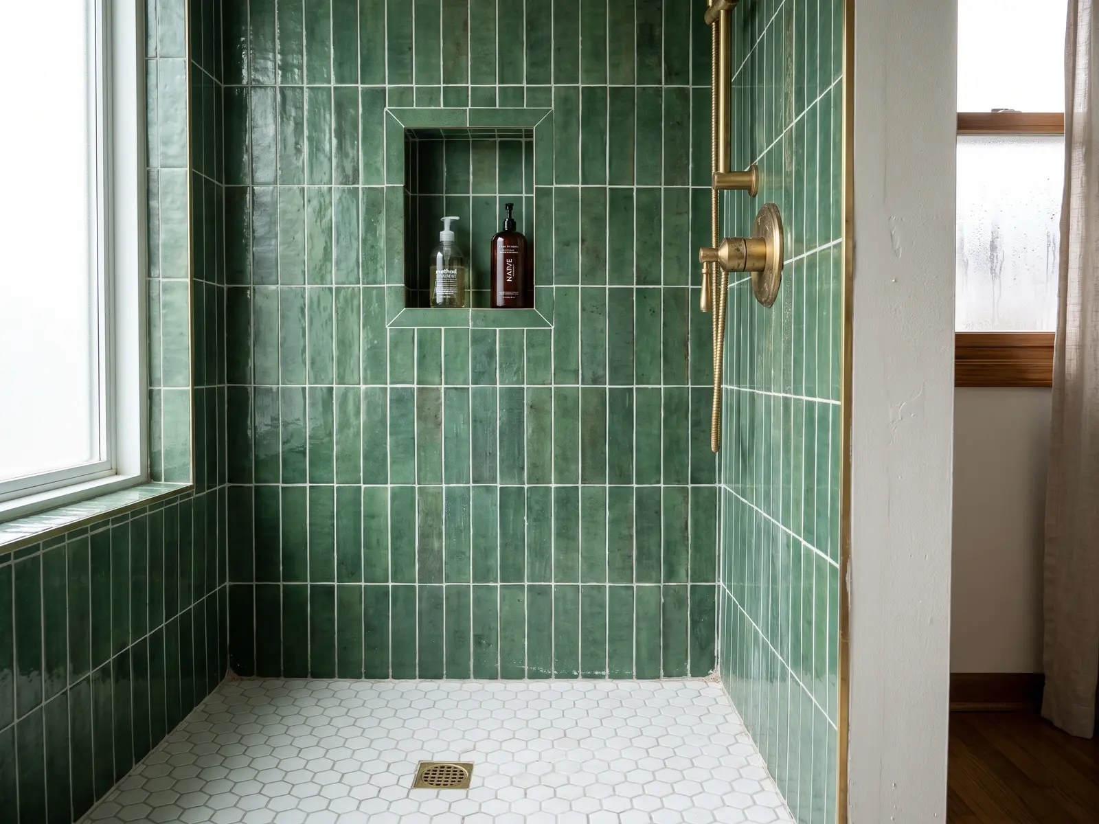 Custom tiled shower with green stacked wall tile, hex mosaic floor and a recessed niche