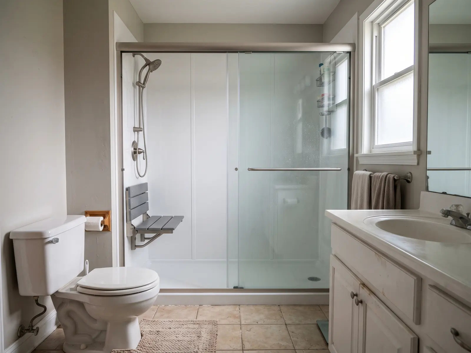 Old alcove bathtub converted to a 60-inch walk-in shower with a low threshold and sliding glass door