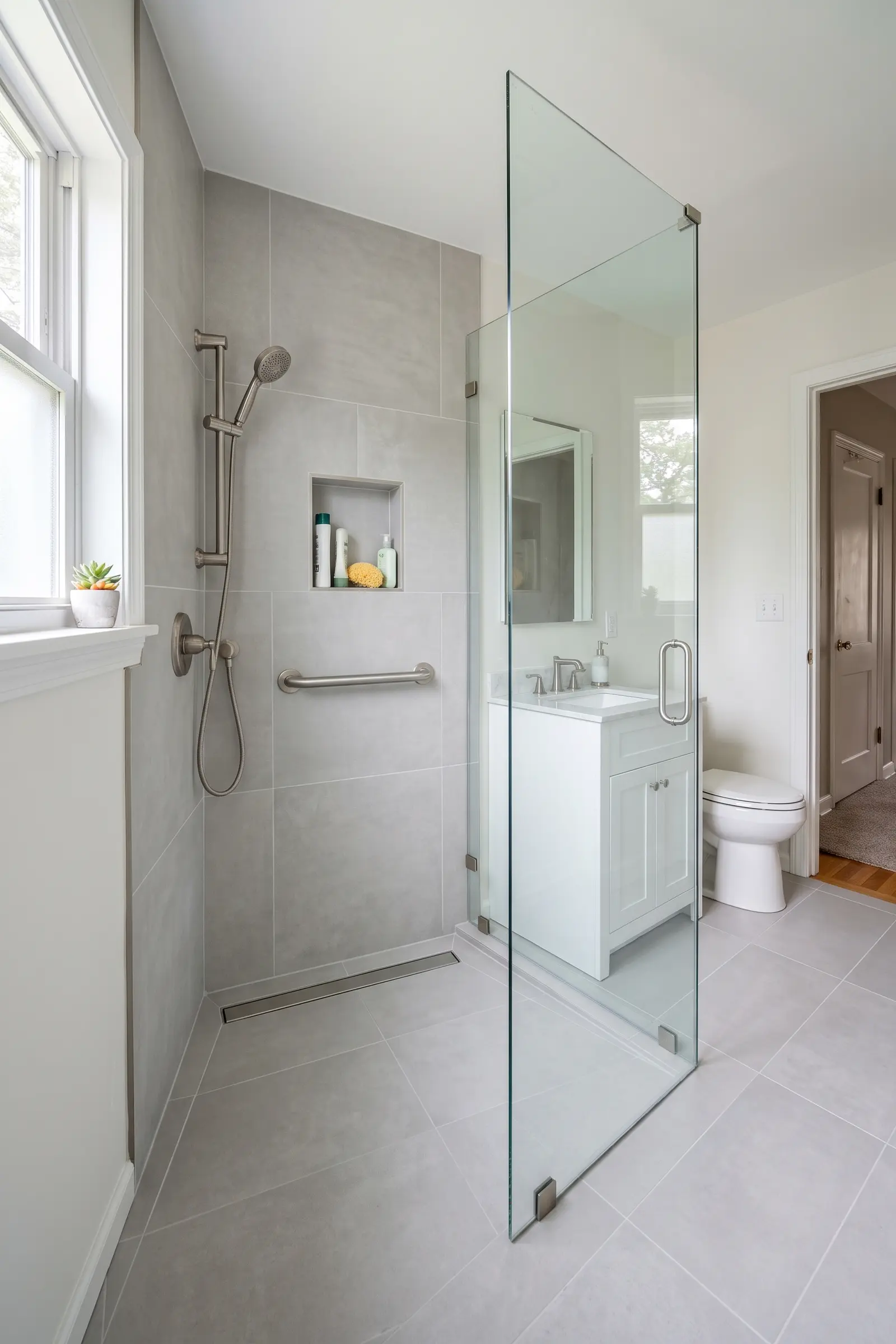 Finished bathroom with a tiled walk-in shower and frameless glass door