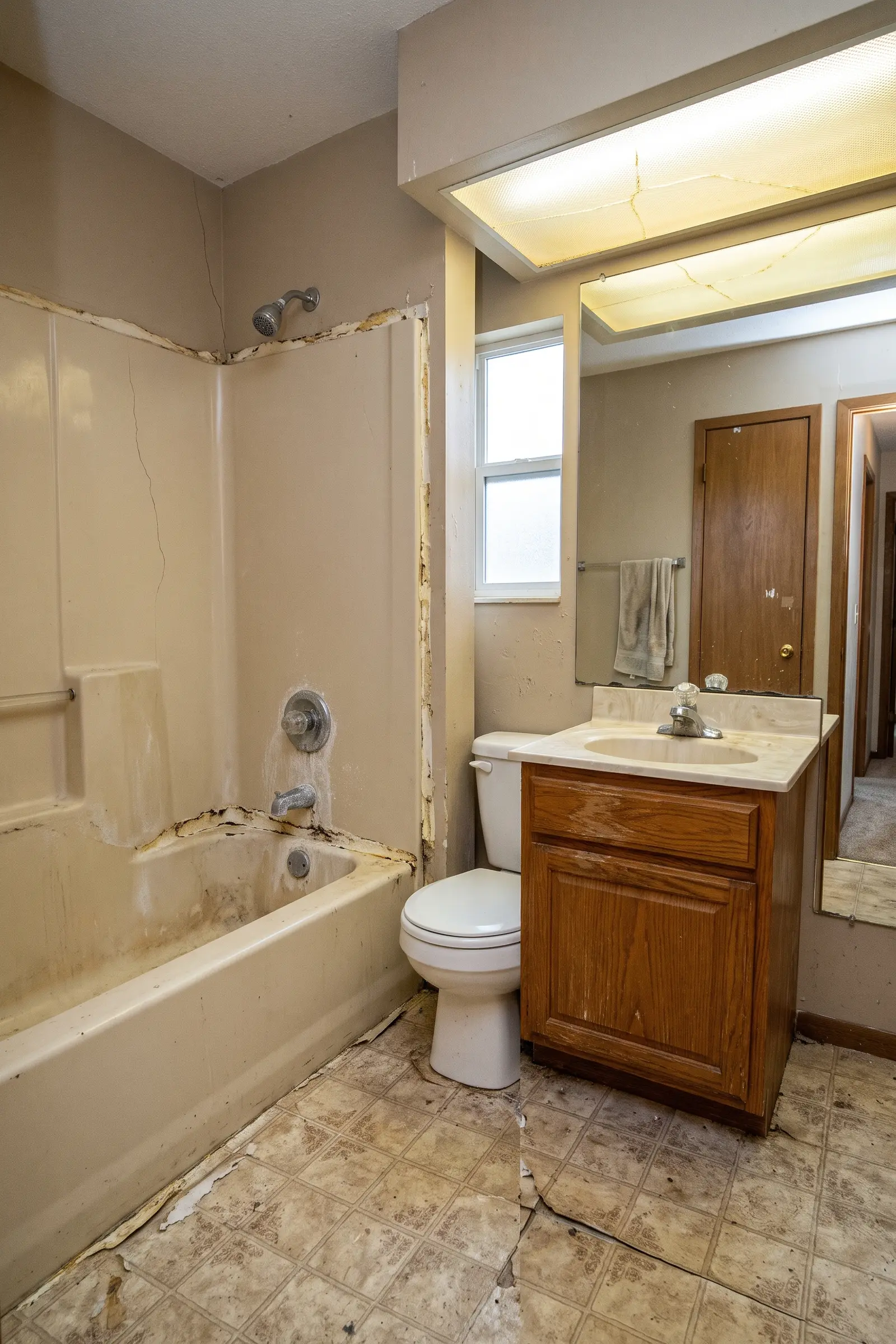 Dated bathroom with a cracked fiberglass tub surround and worn vinyl floor